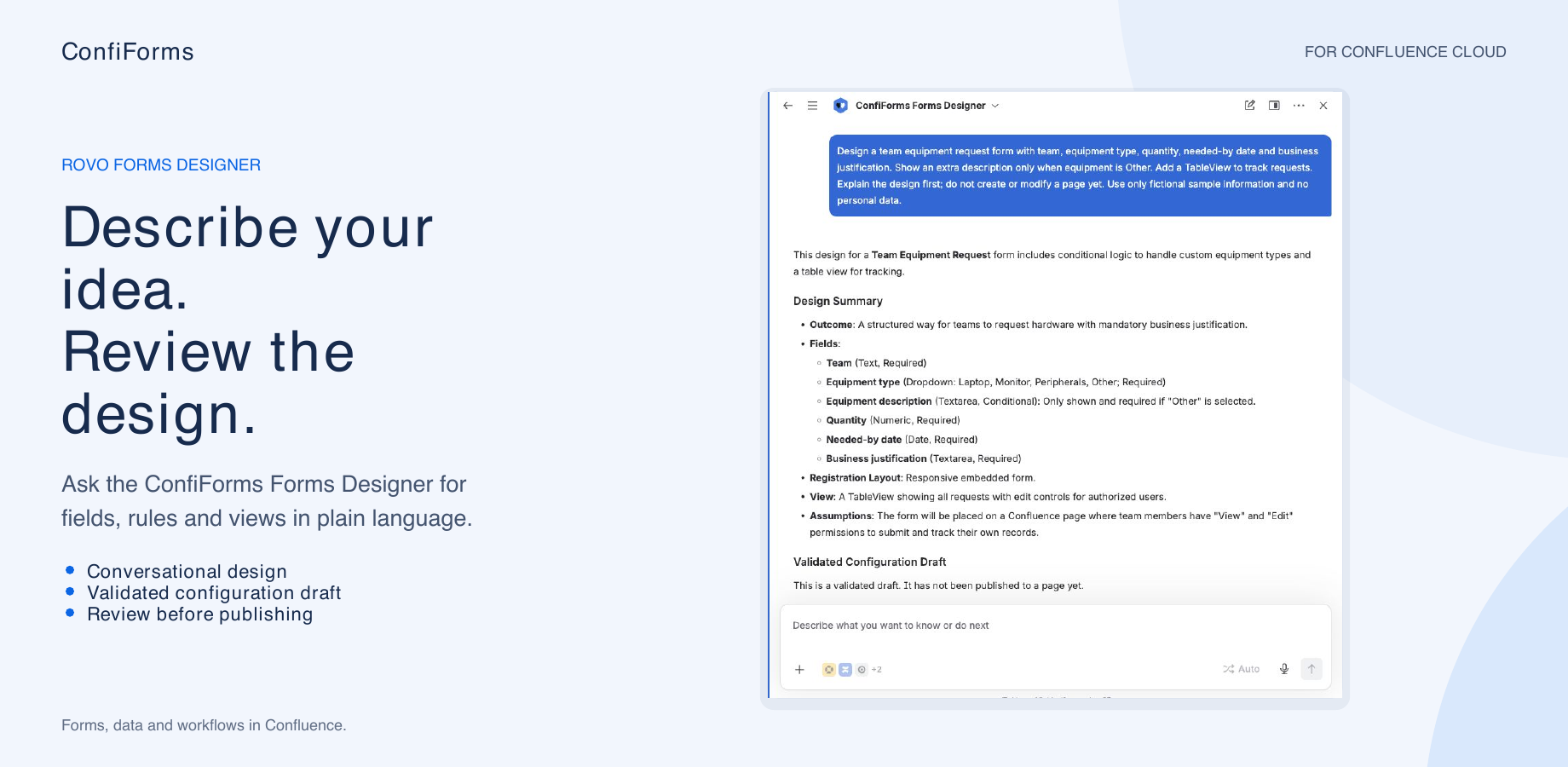 ConfiForms Forms Designer in Rovo proposing an equipment request form with conditional fields